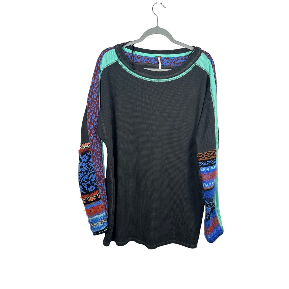 Free People Thermal Top Women Large Black NWT Mixed Knit Contrast OB1403342